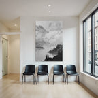 Monochrome landscape painting of a waterfront with trees and rocks under a cloudy sky