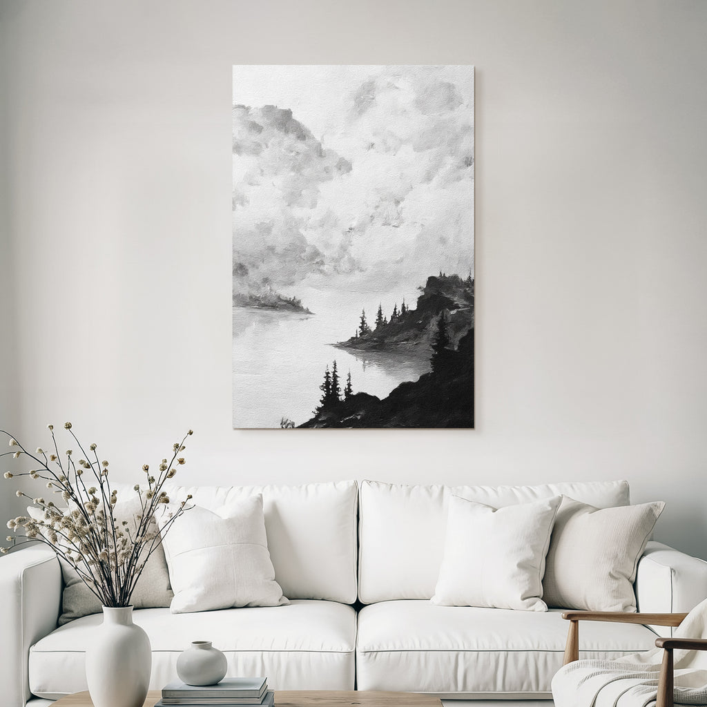 Monochrome landscape painting of a waterfront with trees and rocks under a cloudy sky