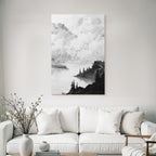Monochrome landscape painting of a waterfront with trees and rocks under a cloudy sky