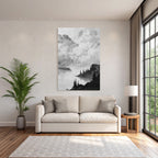 Monochrome landscape painting of a waterfront with trees and rocks under a cloudy sky