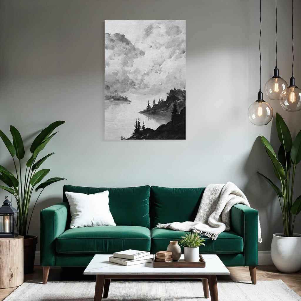 Monochrome landscape painting of a waterfront with trees and rocks under a cloudy sky