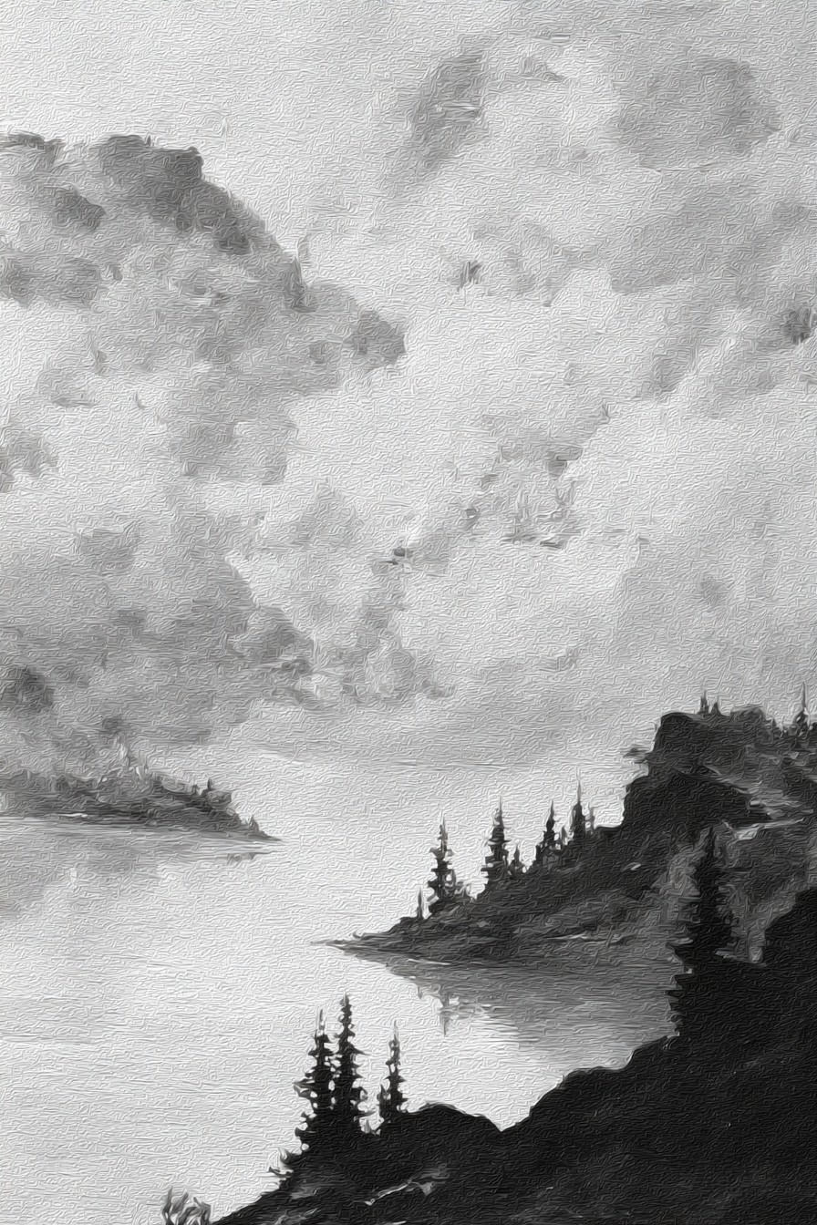 Monochromes Landschaftsgemälde Am Wasserufer Mit Bäumen Und Felsen Unter Wolkigem Himmel | Nebel und Wetter | Natur