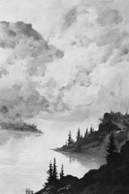 Monochromes Landschaftsgemälde Am Wasserufer Mit Bäumen Und Felsen Unter Wolkigem Himmel | Nebel und Wetter | Natur