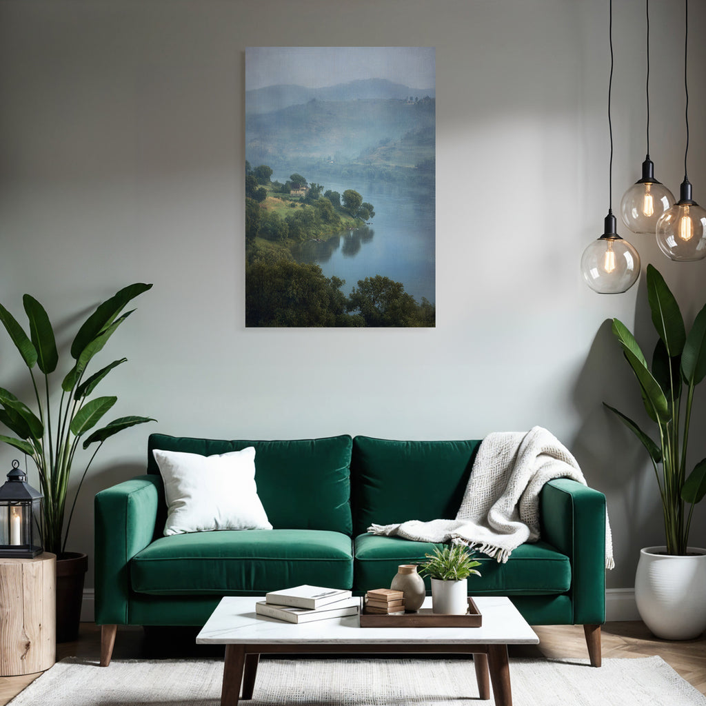 Morgennebel An Der Flusslandschaft Mit Haus