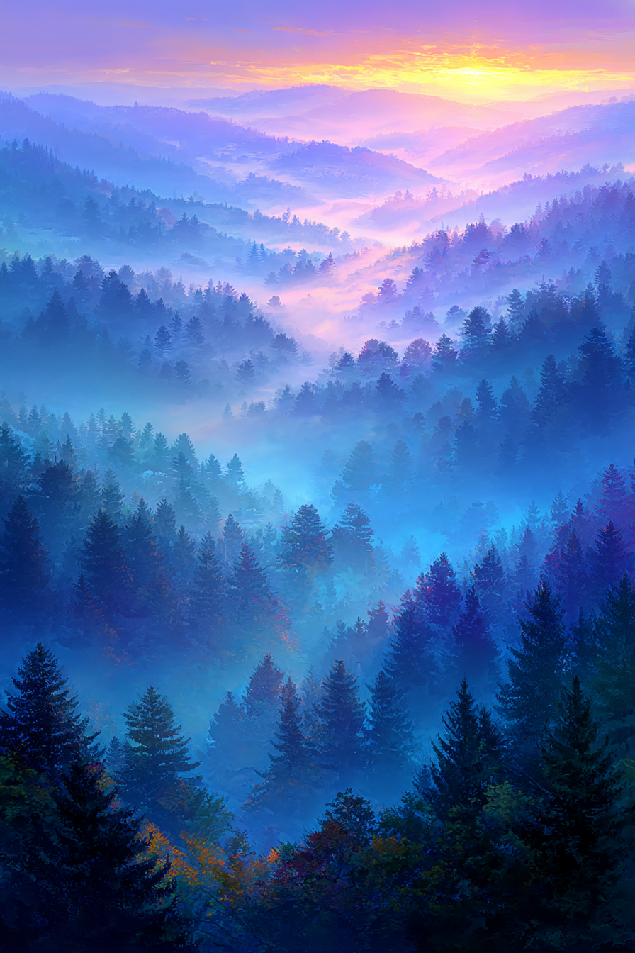 Nebelverhangene Bergwaldlandschaft Im Sonnenaufgang | Nebel und Wetter | Natur