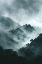 Nebelverhangene Dunkelgrüne Berglandschaft | Nebel und Wetter | Natur