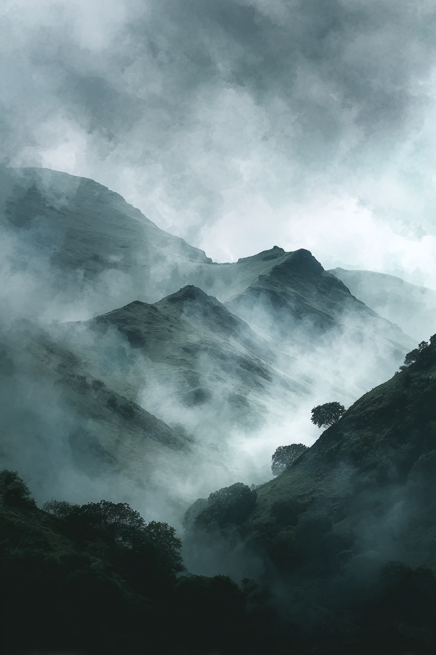 Nebelverhangene Dunkelgrüne Berglandschaft | Nebel und Wetter | Natur