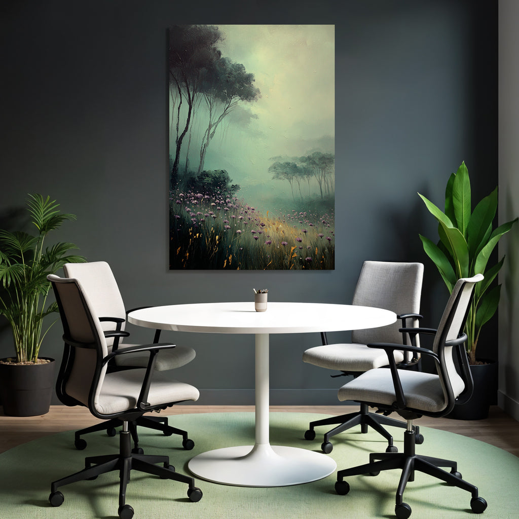 Nebelverhangene Waldlandschaft Mit Lila Blumen Und Hohem Gras