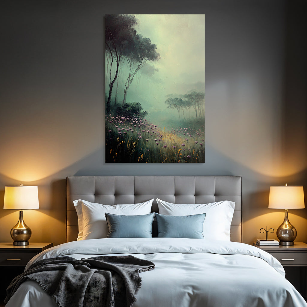 Nebelverhangene Waldlandschaft Mit Lila Blumen Und Hohem Gras
