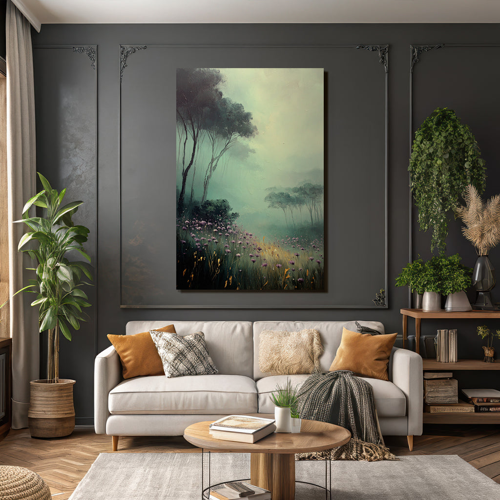 Nebelverhangene Waldlandschaft Mit Lila Blumen Und Hohem Gras