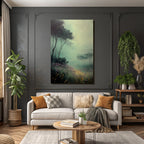 Nebelverhangene Waldlandschaft Mit Lila Blumen Und Hohem Gras