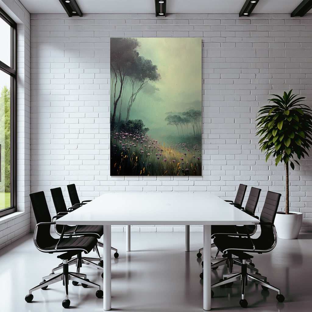 Nebelverhangene Waldlandschaft Mit Lila Blumen Und Hohem Gras