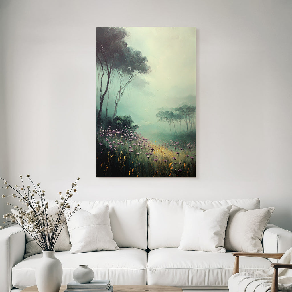 Nebelverhangene Waldlandschaft Mit Lila Blumen Und Hohem Gras