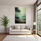 Nebelverhangene Waldlandschaft Mit Lila Blumen Und Hohem Gras