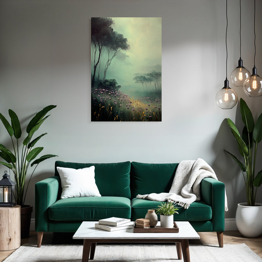 Nebelverhangene Waldlandschaft Mit Lila Blumen Und Hohem Gras