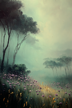 Nebelverhangene Waldlandschaft Mit Lila Blumen Und Hohem Gras | Nebel und Wetter | Natur