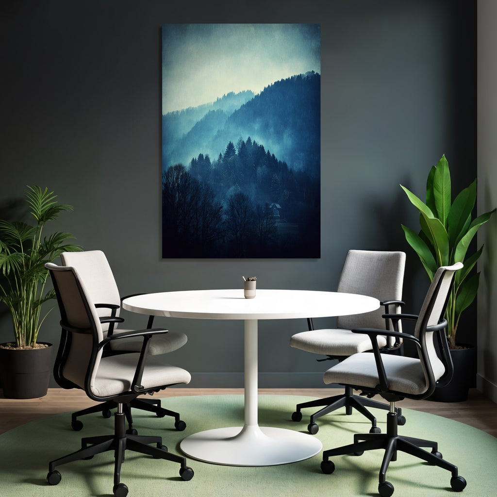 Neblige Landschaft Mit Haus Und Kahlen Bäumen
