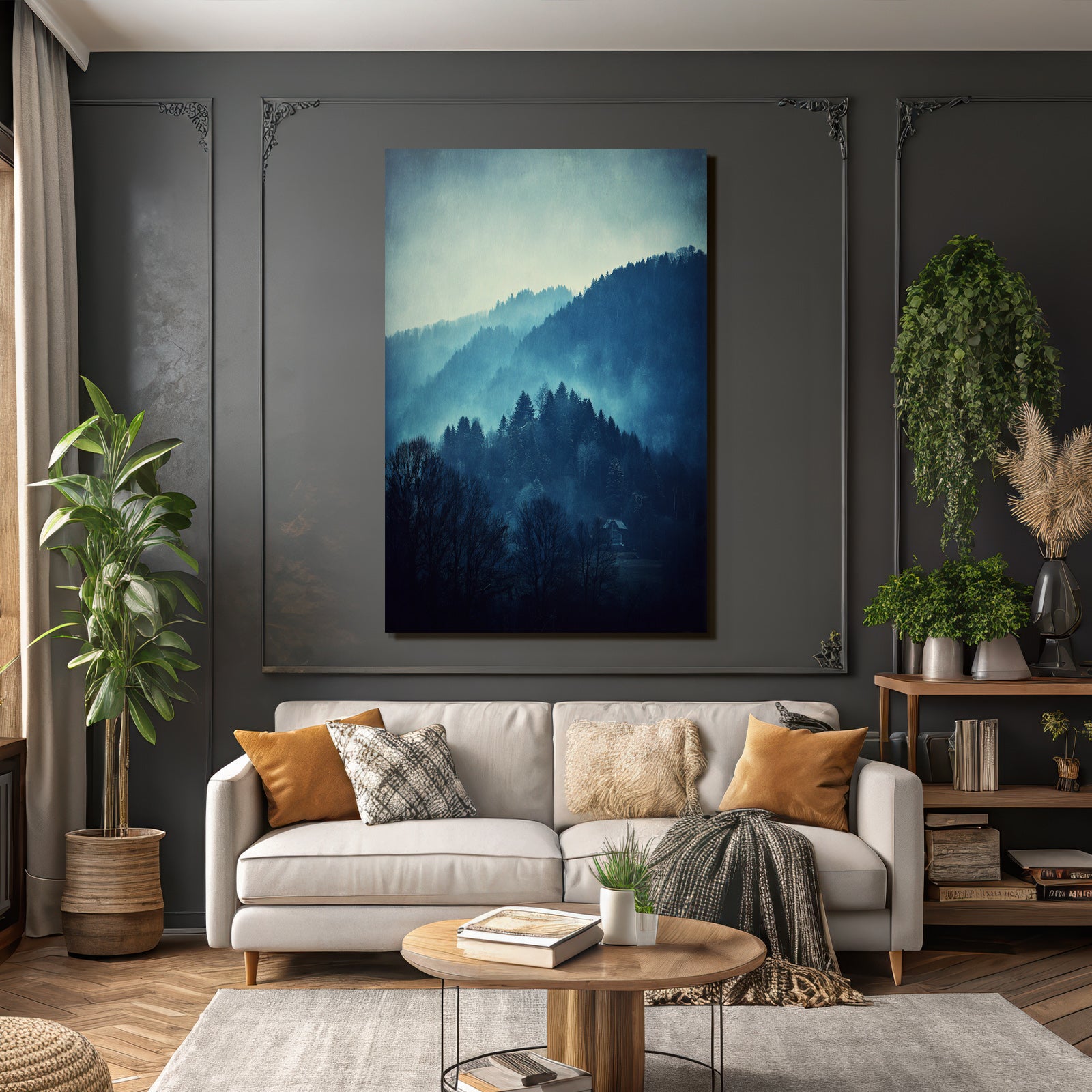 Neblige Landschaft Mit Haus Und Kahlen Bäumen