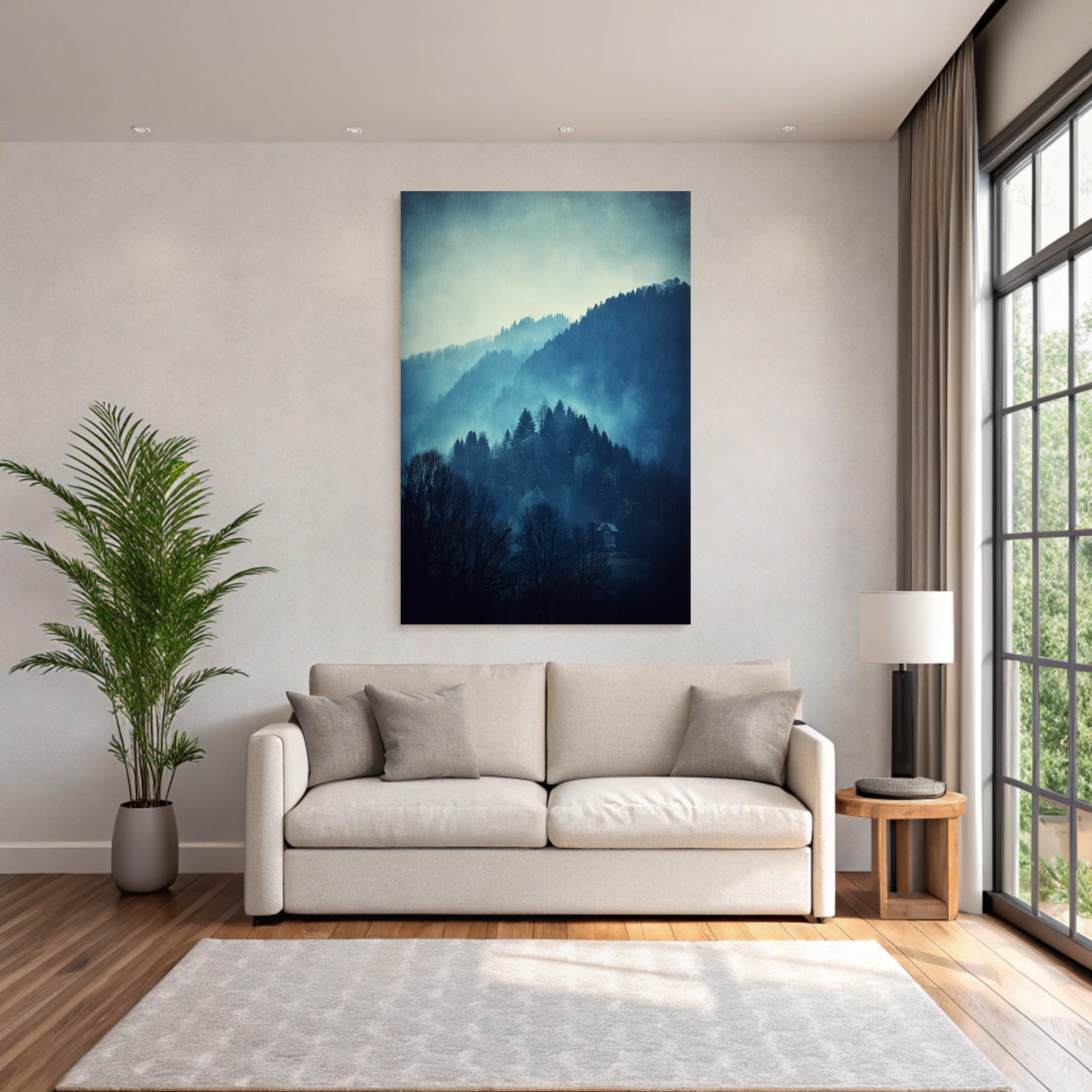 Neblige Landschaft Mit Haus Und Kahlen Bäumen