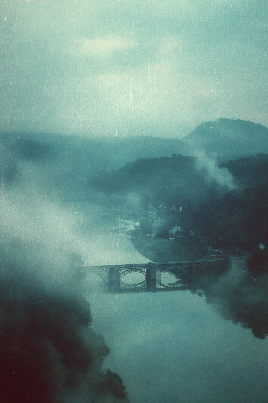 Nebliger Fluss Mit Brücke Hügeln Und Gebäuden | Nebel und Wetter | Natur