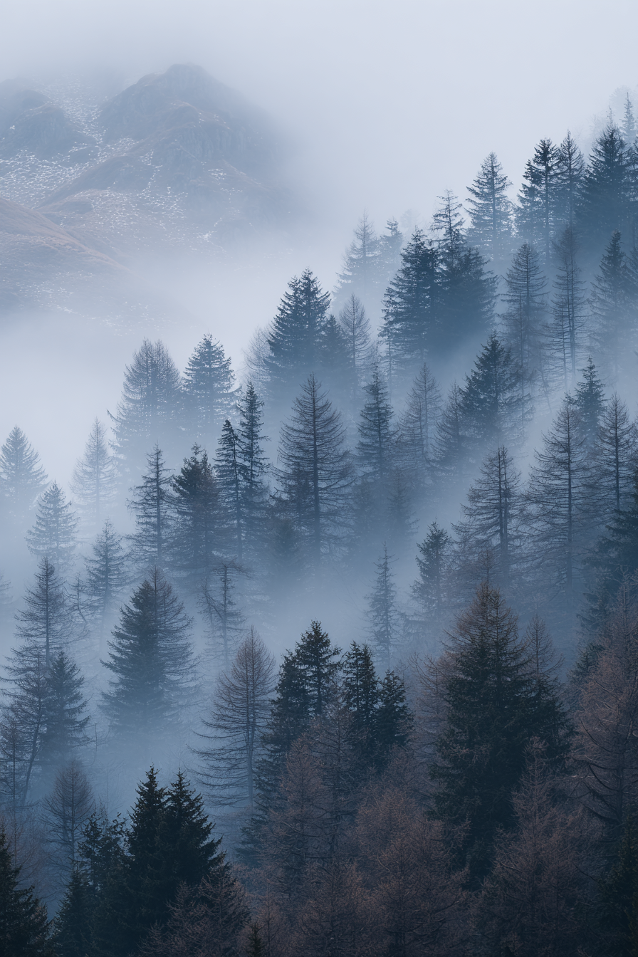Nebliger Wald Mit Bergen Im Hintergrund | Nebel und Wetter | Natur