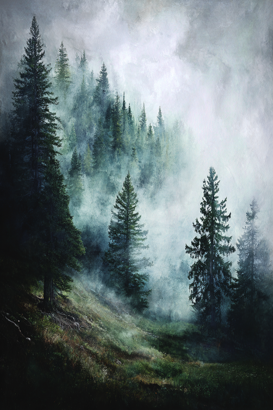 Nebliger Wald Mit Moosgrünen Tannen | Nebel und Wetter | Natur