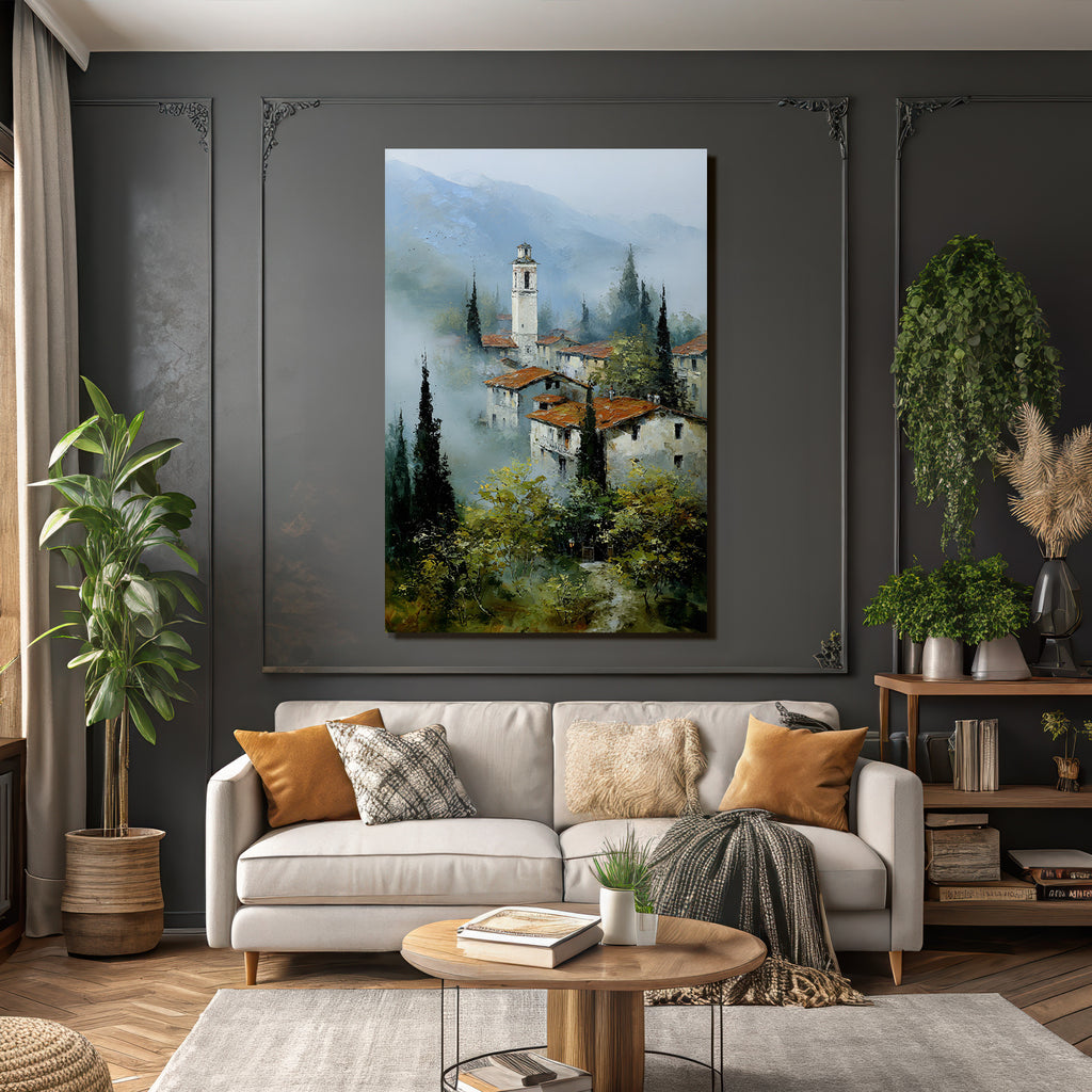 Nebliges Dorf Mit Uhrturm Im Bergtal