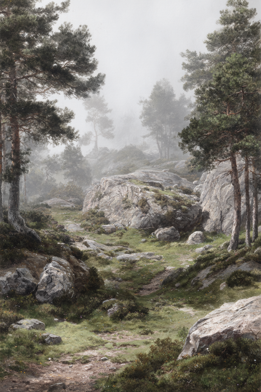 Ruhiger Waldpfad Mit Felsbrocken Im Nebeligen Wald | Nebel und Wetter | Natur
