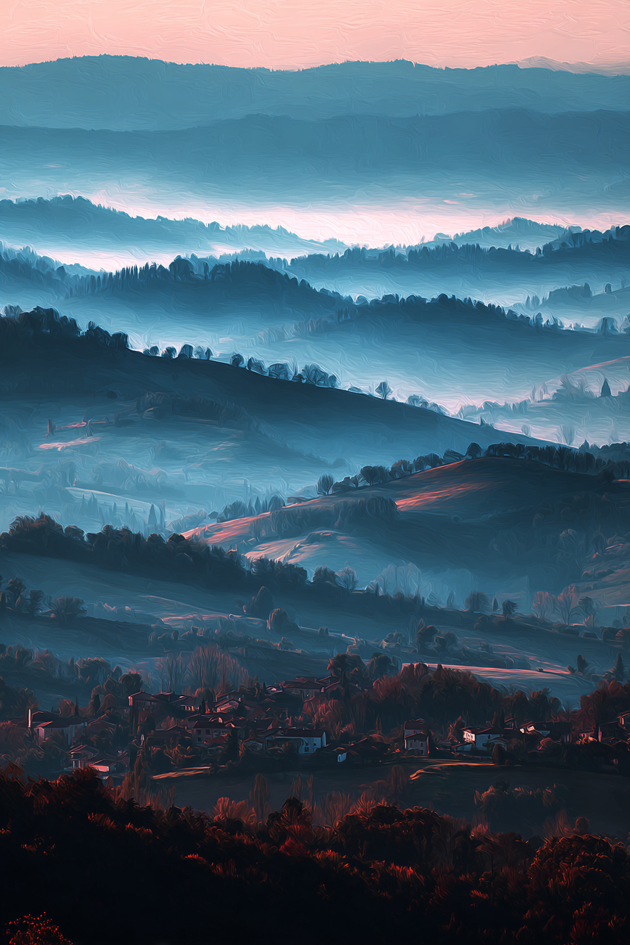 Sanfte Hügellandschaft Mit Häusern Im Morgennebel | Nebel und Wetter | Natur