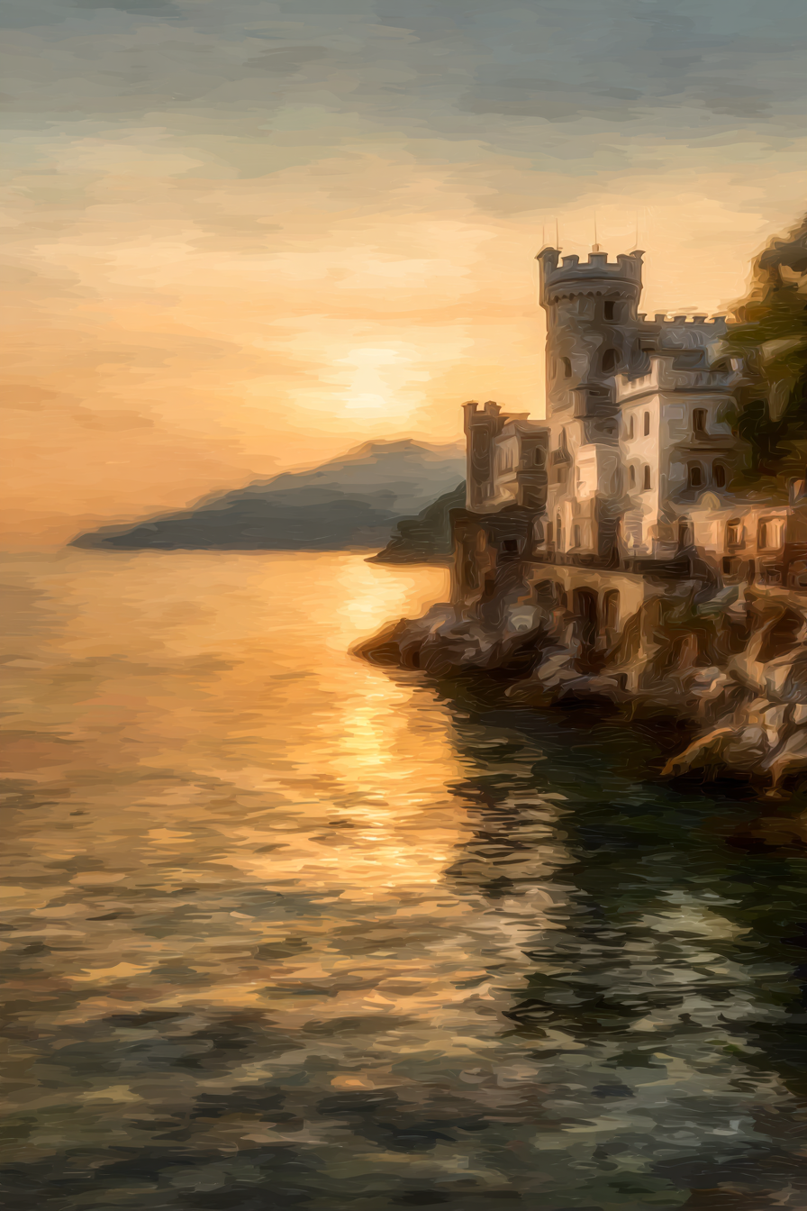 Sonnenuntergang An Der Küste Mit Schloss Auf Felsigen Klippen | Nebel und Wetter | Natur