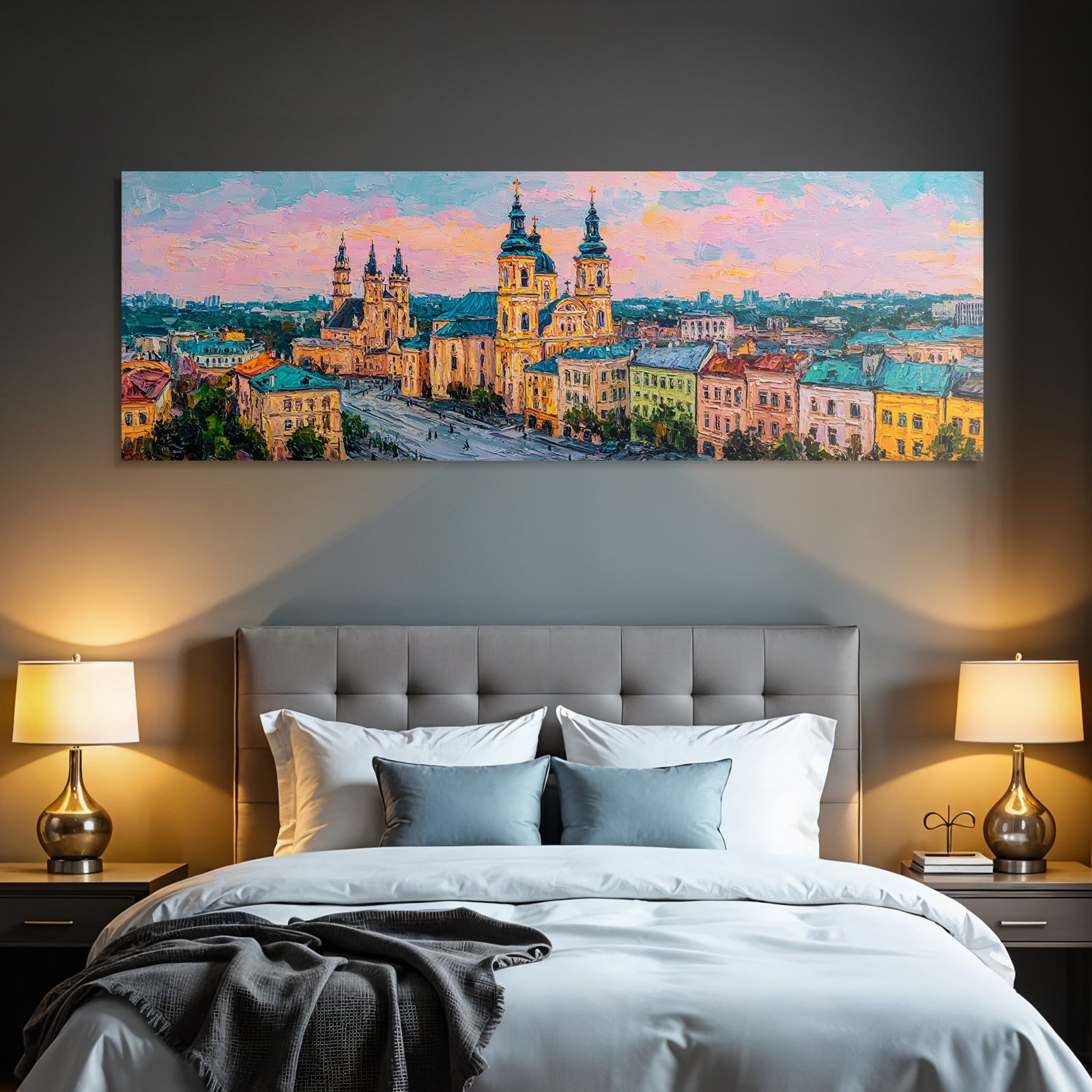 Bunte Impressionistische Stadtlandschaft Mit Kirchturm