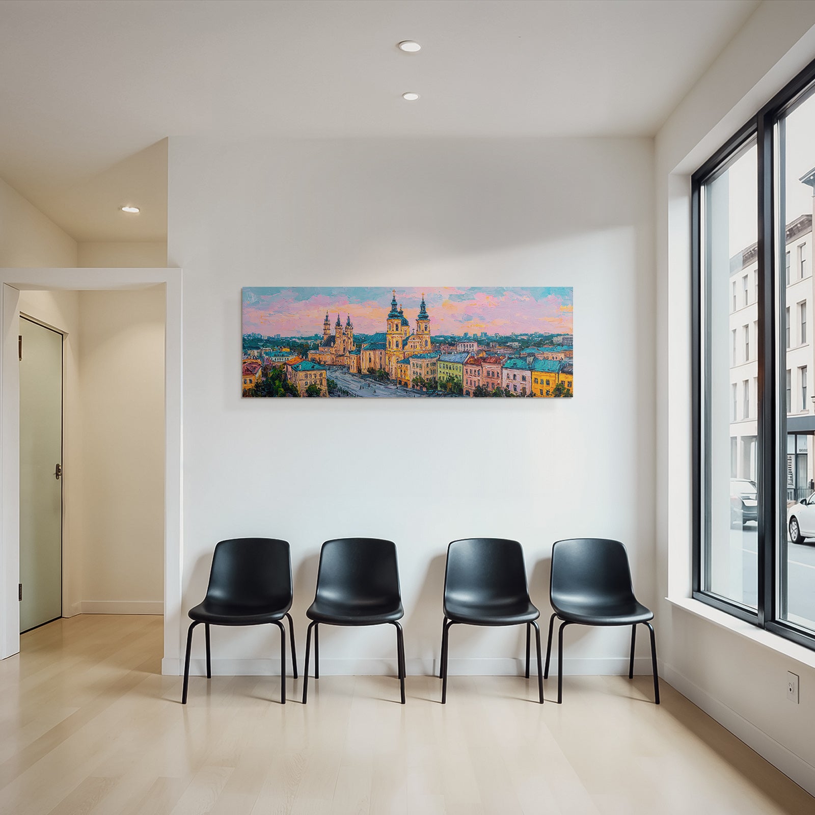 Bunte Impressionistische Stadtlandschaft Mit Kirchturm