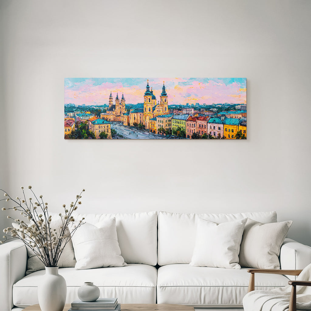 Bunte Impressionistische Stadtlandschaft Mit Kirchturm