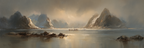 Friedliche Landschaft Mit Bergen Und Booten | Nebel und Wetter | Natur