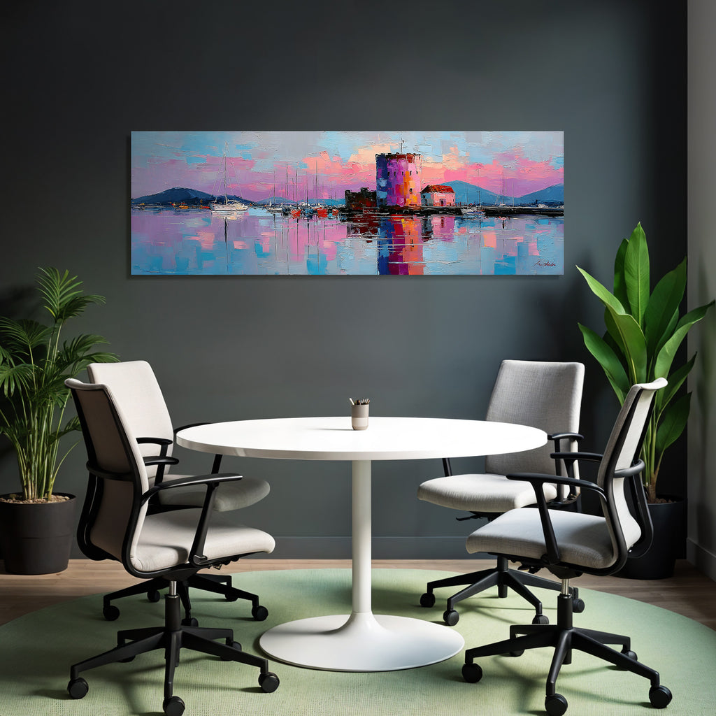 Impressionistische Hafenlandschaft Bei Sonnenuntergang Mit Turm Und Booten