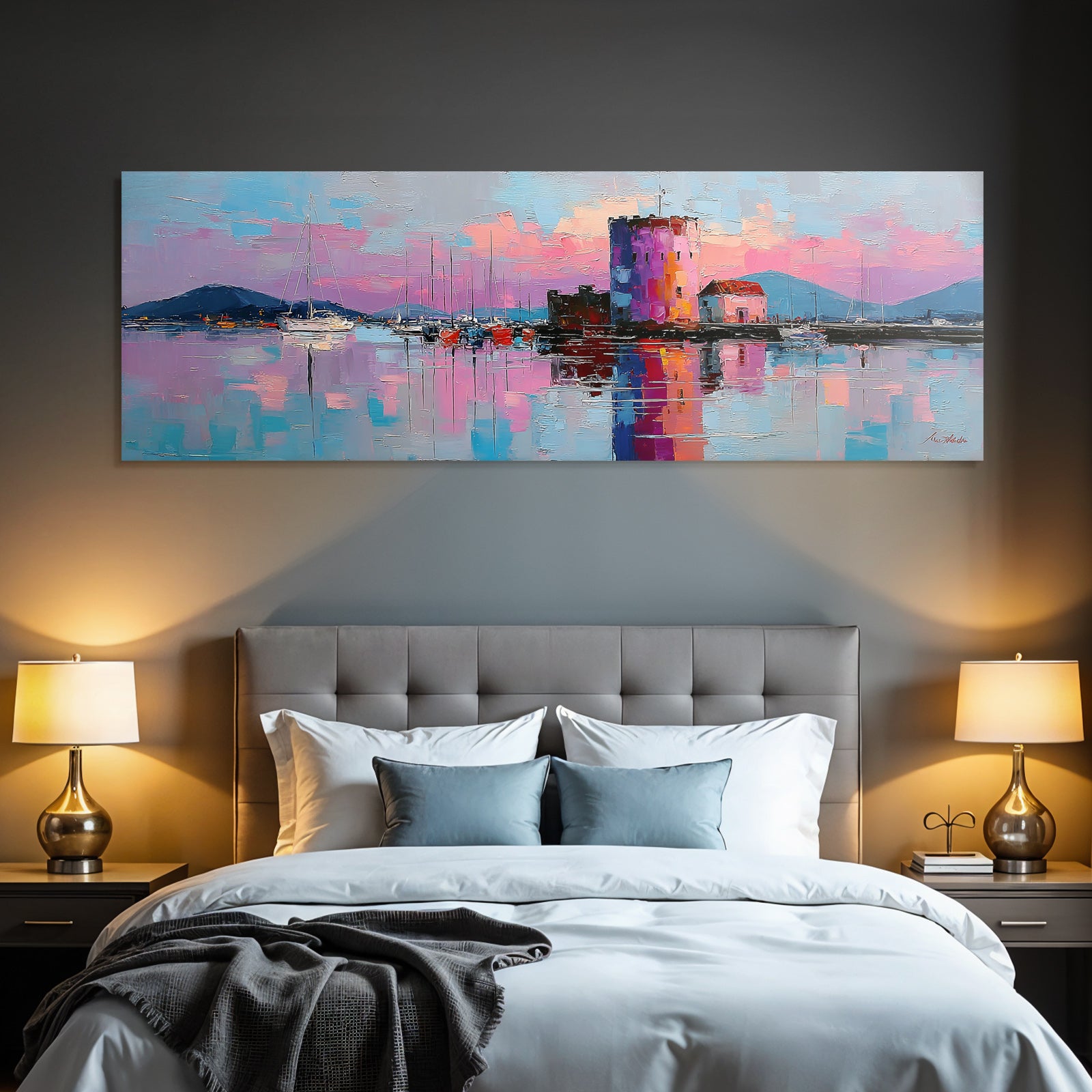 Impressionistische Hafenlandschaft Bei Sonnenuntergang Mit Turm Und Booten