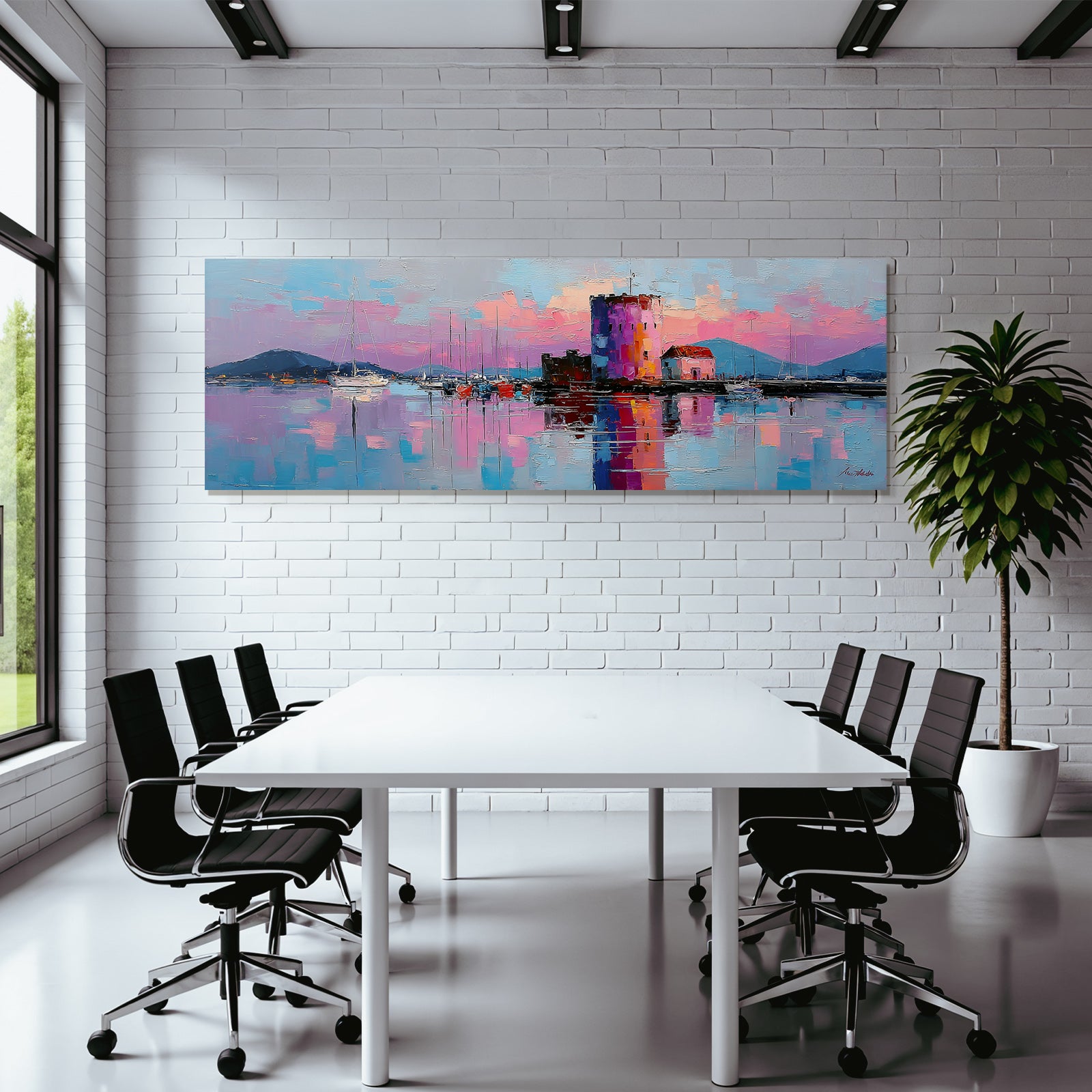 Impressionistische Hafenlandschaft Bei Sonnenuntergang Mit Turm Und Booten