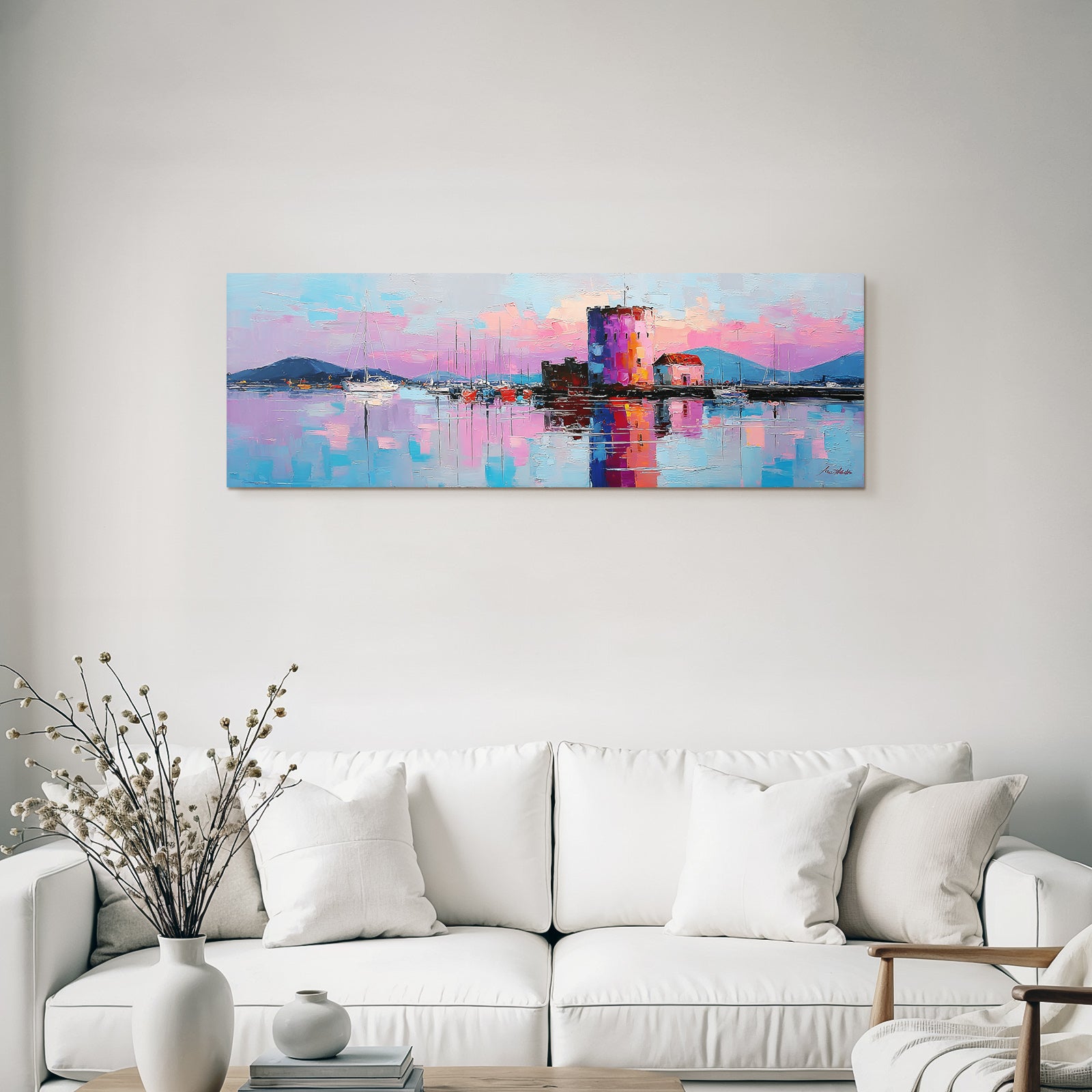 Impressionistische Hafenlandschaft Bei Sonnenuntergang Mit Turm Und Booten