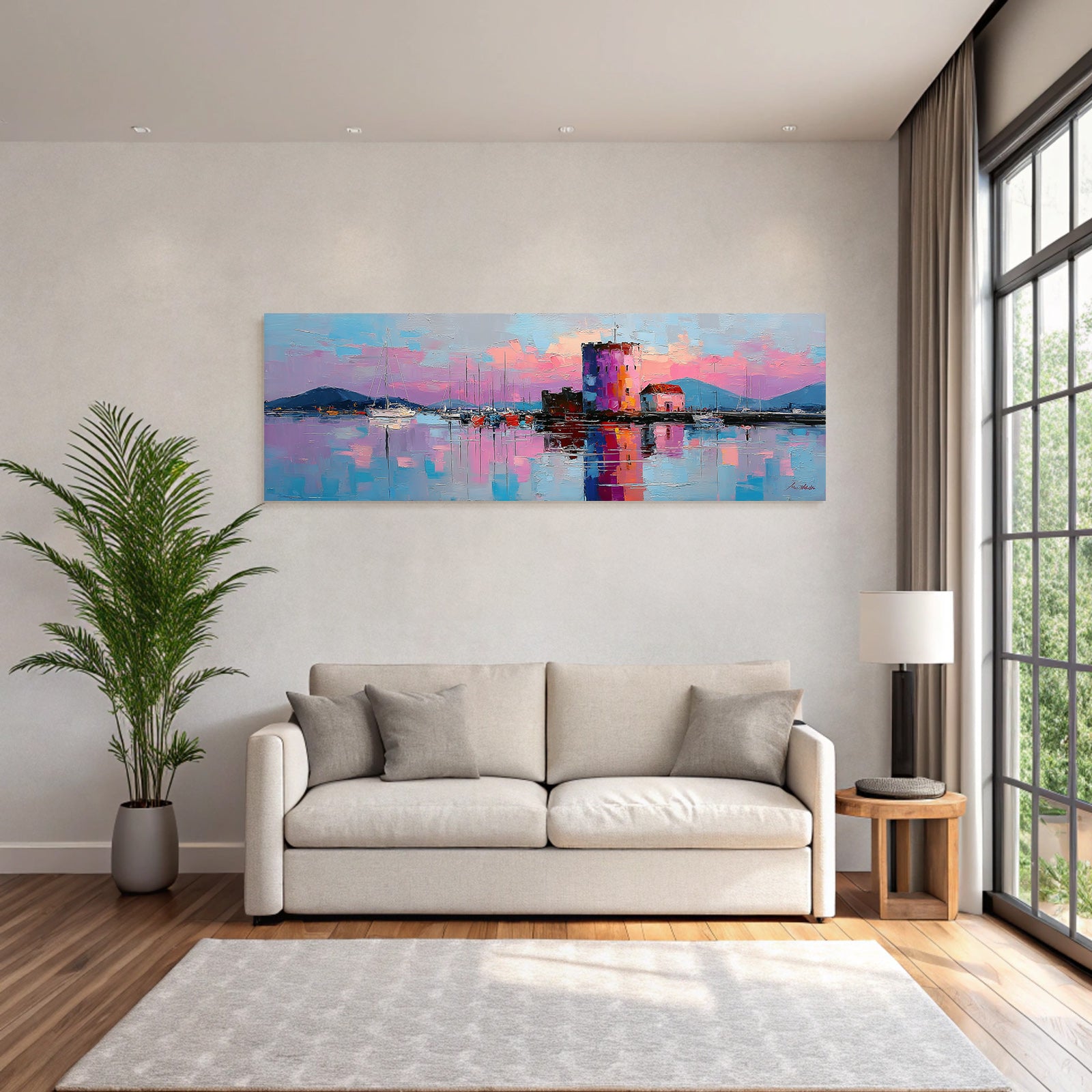 Impressionistische Hafenlandschaft Bei Sonnenuntergang Mit Turm Und Booten