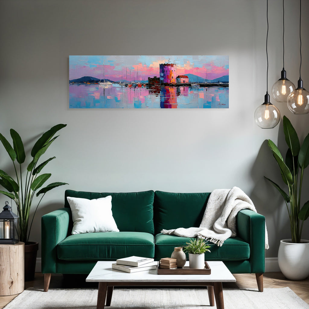 Impressionistische Hafenlandschaft Bei Sonnenuntergang Mit Turm Und Booten