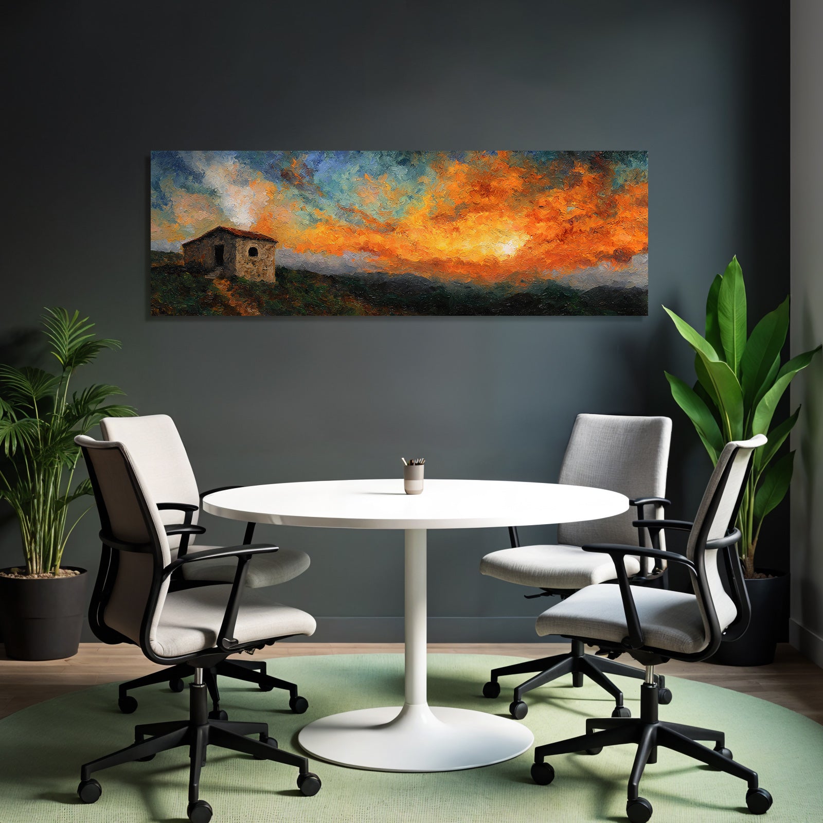 Impressionistisches Gemälde Mit Steinhaus Bei Sonnenuntergang
