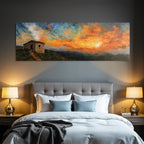 Impressionistisches Gemälde Mit Steinhaus Bei Sonnenuntergang