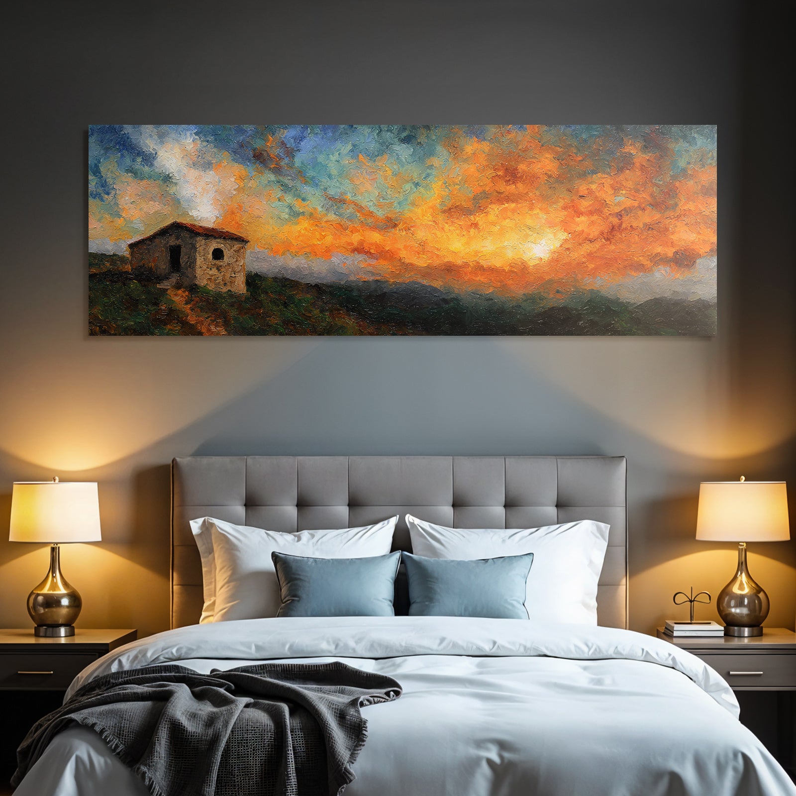 Impressionistisches Gemälde Mit Steinhaus Bei Sonnenuntergang
