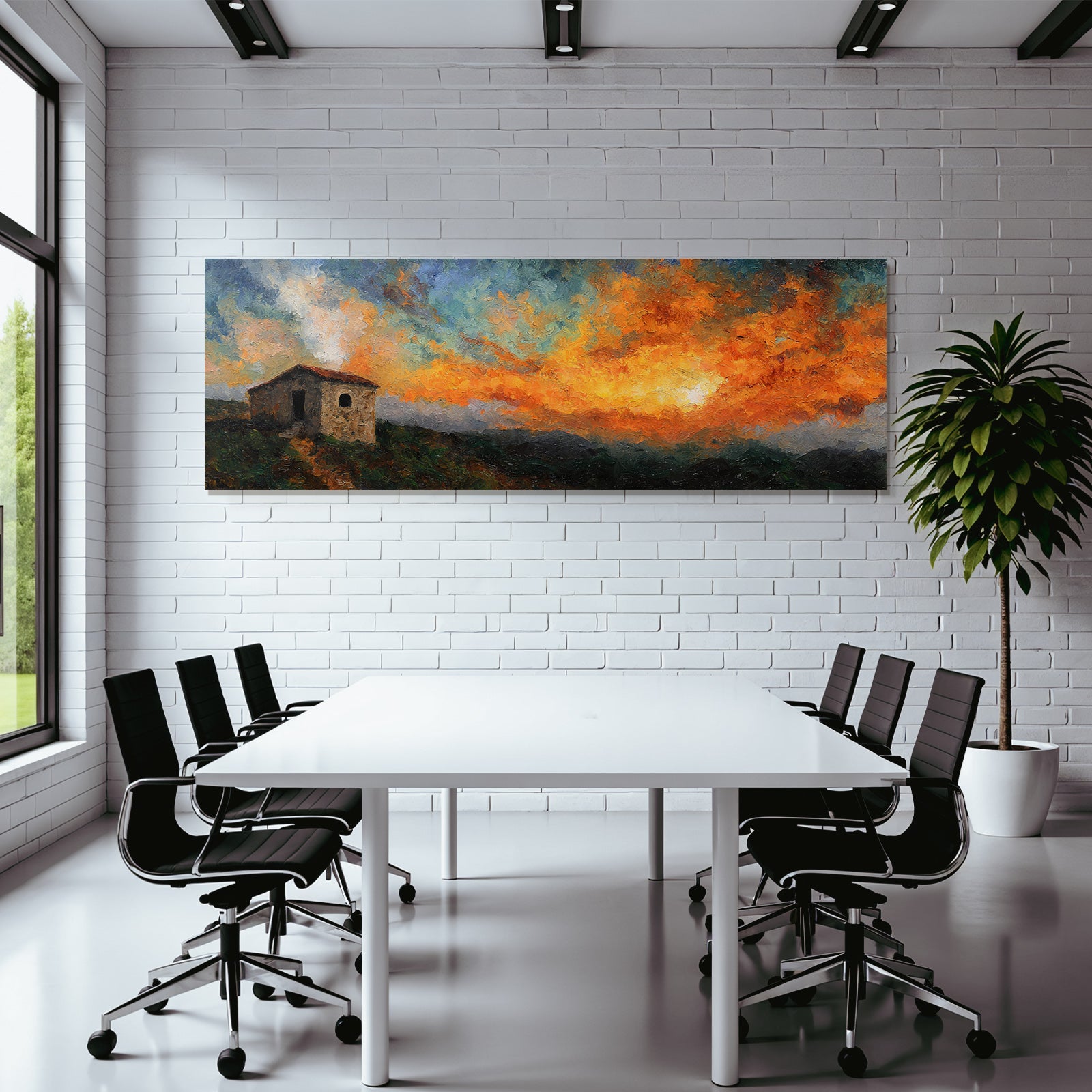 Impressionistisches Gemälde Mit Steinhaus Bei Sonnenuntergang