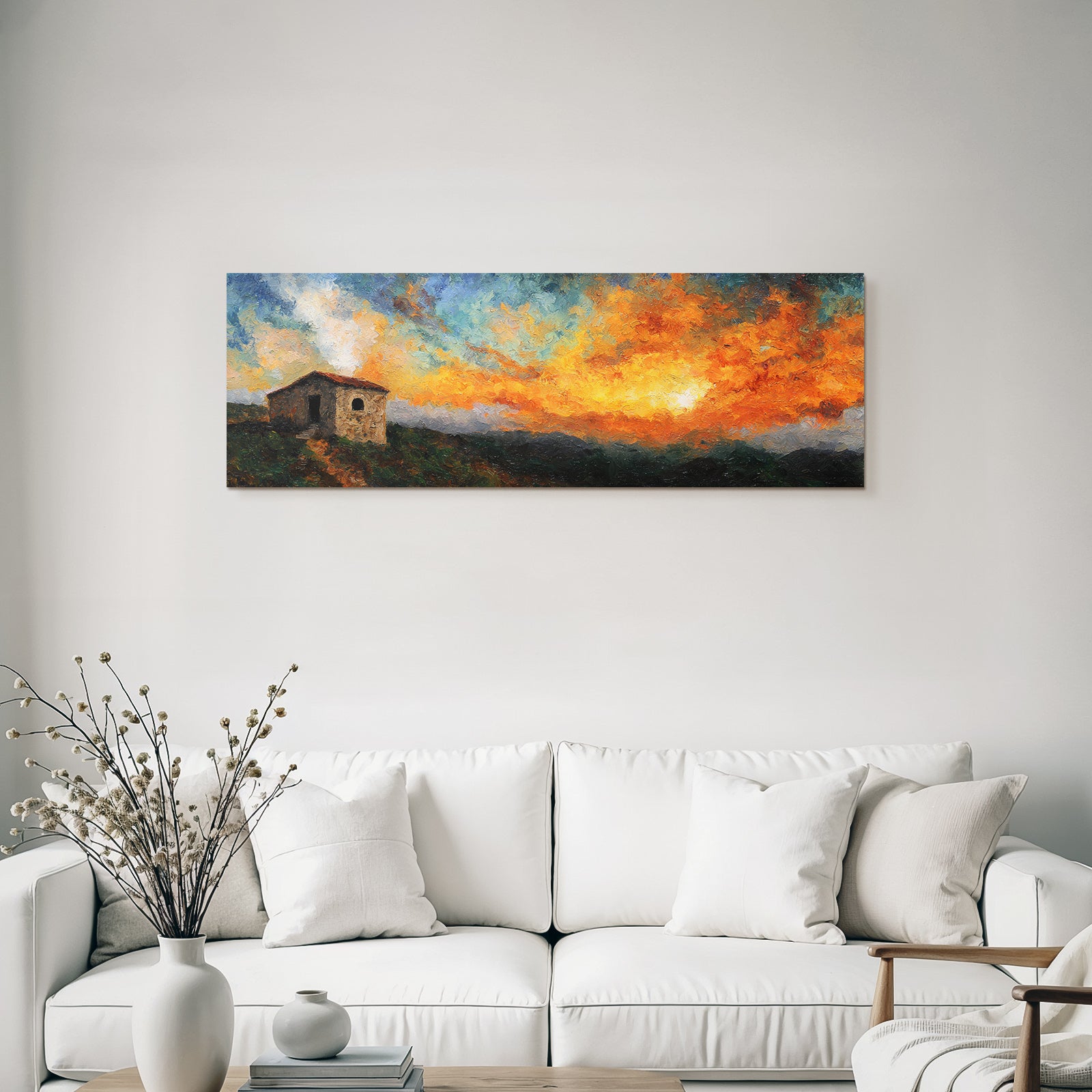 Impressionistisches Gemälde Mit Steinhaus Bei Sonnenuntergang