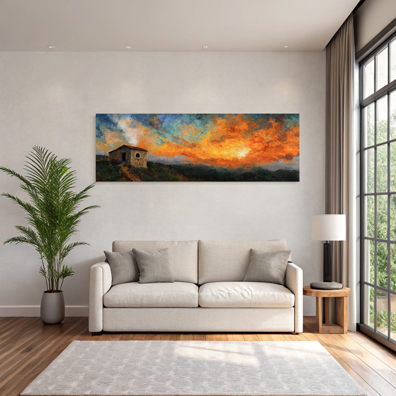 Impressionistisches Gemälde Mit Steinhaus Bei Sonnenuntergang