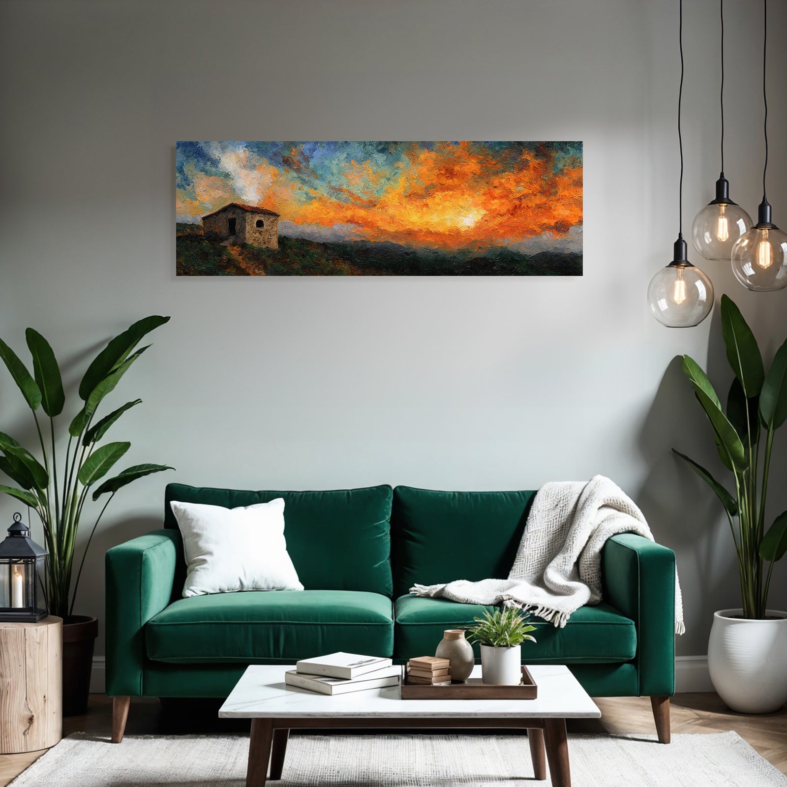 Impressionistisches Gemälde Mit Steinhaus Bei Sonnenuntergang