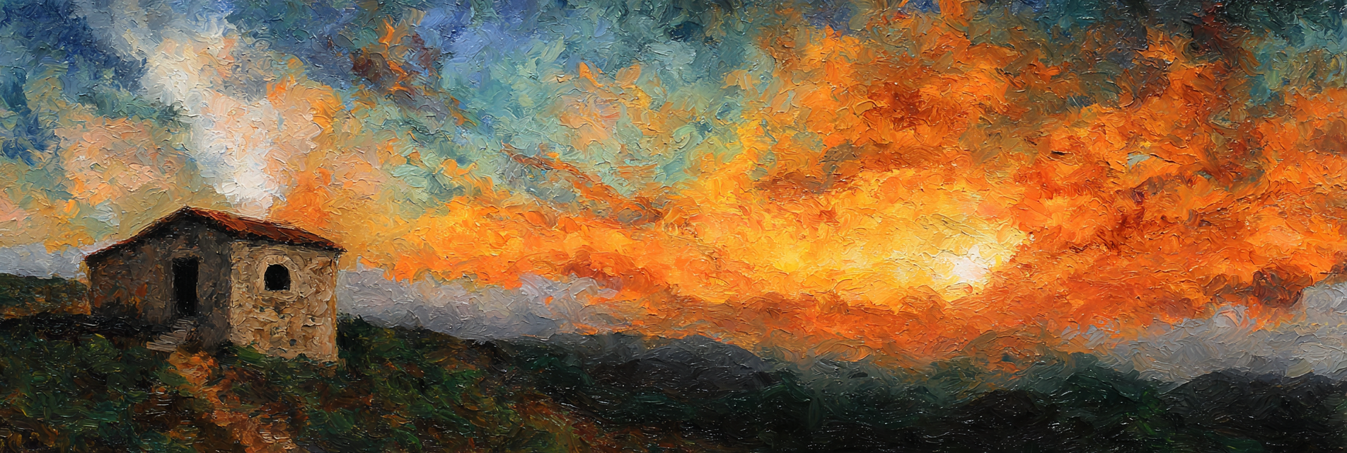Impressionistisches Gemälde Mit Steinhaus Bei Sonnenuntergang | Nebel und Wetter | Natur