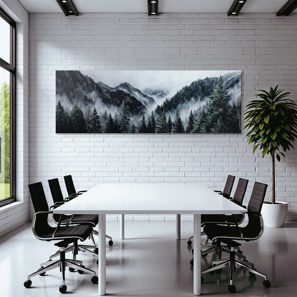 Mystical mountain landscape in fog with dense coniferous forests