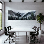 Mystical mountain landscape in fog with dense coniferous forests
